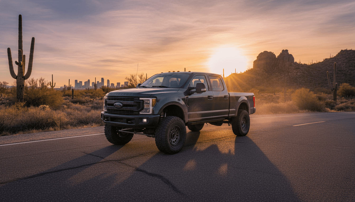 Custom lifted truck with off-road tires at sunset